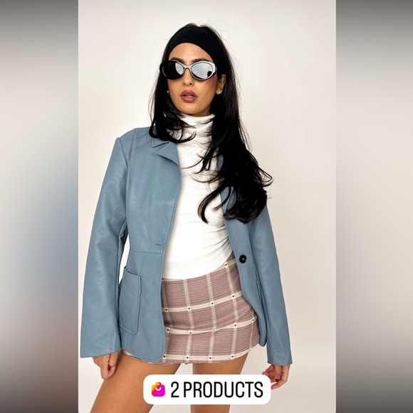 Au Darling Powered Blue Faux Leather Belted Jacket Small New - Picture 3 of 13